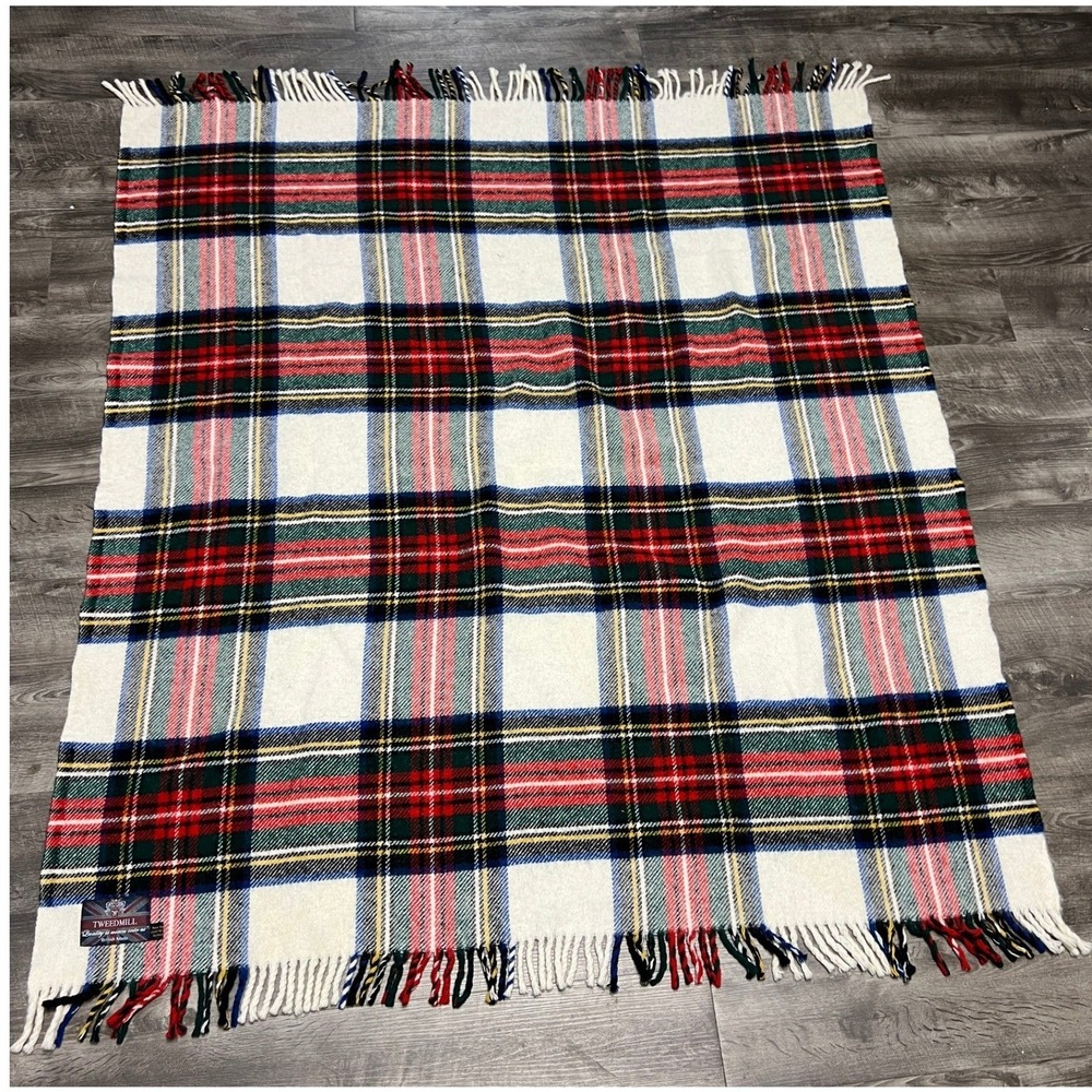 Tweedmill Throw Blanket British Made Pure New Wool Plaid Cream Red Blue 61x48